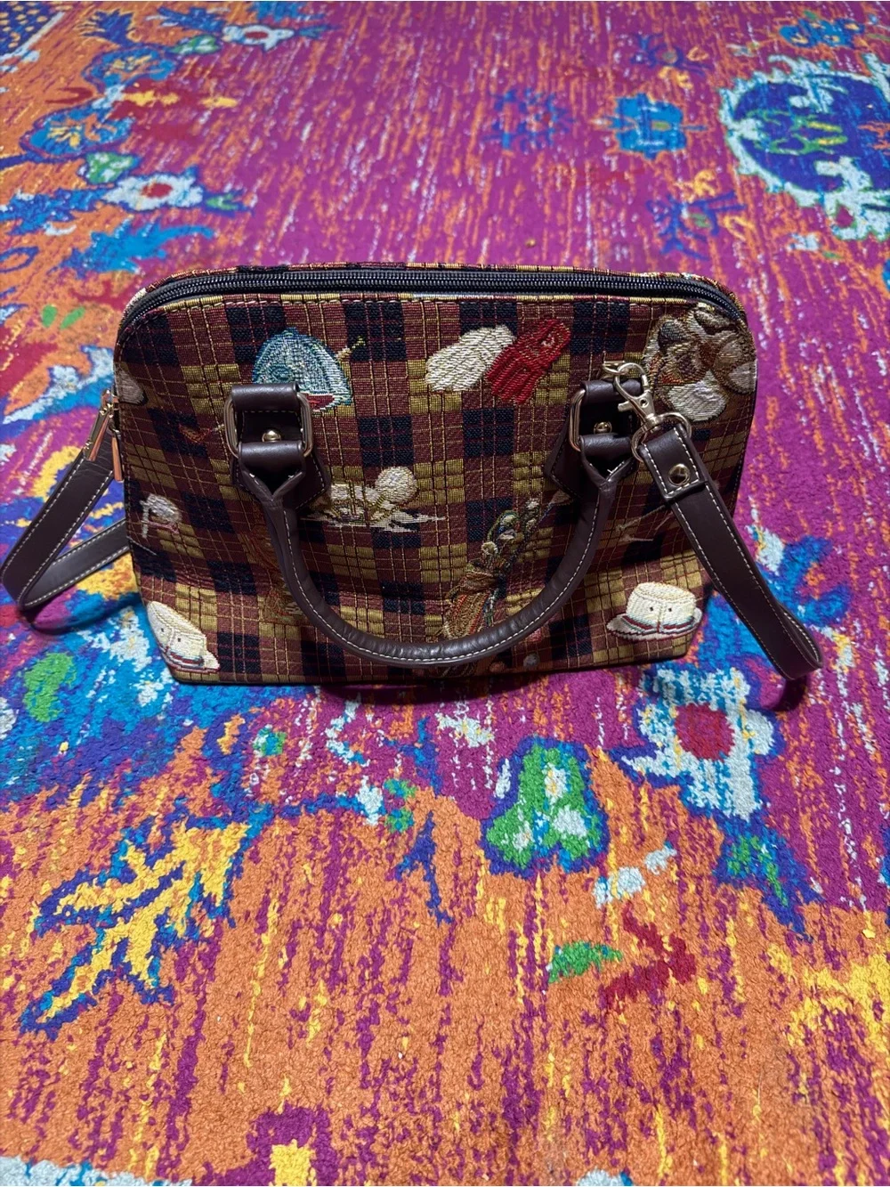 Brown Plaid Tote Bag with Embroidered Motifs